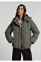 Regular Fit Hooded Zippered Lined Water Resistant Women's Green Coat
