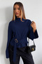 Half Turtleneck Draped Belt Buckle Wide Sleeve Navy Blue Blouse - 3