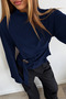 Half Turtleneck Draped Belt Buckle Wide Sleeve Navy Blue Blouse - 4