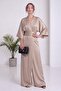 Women's Double-Breasted Satin Belted Evening Dress Jumpsuit Black, Beige - 5