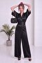 Women's Double-Breasted Satin Belted Evening Dress Jumpsuit Black, Beige