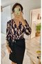 Women's Long-Sleeve Double-Breasted Neck Digital Print Bow Detail Satin Fabric Dress - 8