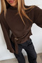 Half Turtleneck Draped Belt Buckle Wide Sleeve Brown Blouse - 4