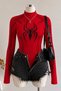 Spin Red Spider Finger-Loop Detailed Digital Printed High Collar Long Sleeve Snap Fastener Bodysuit - 4