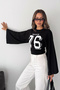 Women's 76 Printed Oversize Blouse Wide Sleeve Crew Neck Loose Top - 2