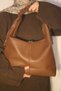 Women's Brown Hobo Shoulder Bag with Drawstring Detail and Zipper, Large Daily Bag - 4
