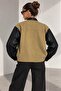 Women's Leather Sleeve Detailed Oversize Bomber Jacket Fk3535 - 3