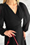 Belt Detailed Lined Pompom Chiffon Dress Black - 4
