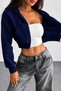 Nawly Navy Blue Winter Loose Fit 3 Thread Hooded Kangaroo Pocket Thick Sweatshirt Crop Zipper Cardigan - 5