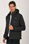 Men's Black Water and Wind Resistant Fur Lined Hooded Double Zipper Pocket Technical Fabric Outdoor Jacket - 2