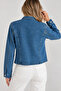 Women's Blue Cotton Soldier Collar Button Detailed Short Denim Jacket - 6