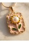 Vintage Design Pearl and Flower Detailed Gold Steel Necklace - 2