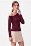 Women's Burgundy Asymmetrical Collar Long Sleeve Premium Soft Modal Cotton Blouse - 2