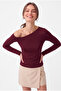 Women's Burgundy Asymmetrical Collar Long Sleeve Premium Soft Modal Cotton Blouse - 3