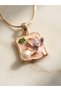 Vintage Design Pink Square Framed Purple Flower and Pearl Detailed Gold Steel Necklace - 2