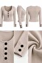 Women's Stone Color Button Detailed Square Neck Ribbed Long Sleeve Blouse - 4