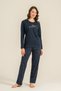 Women's Navy Blue Long Sleeve Combed Cotton Pajama Set, Crew Neck, Pocket Detail, 50% Cotton 50% Modal Fabric - 7