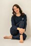Women's Navy Blue Long Sleeve Combed Cotton Pajama Set, Buttoned Collar, Pocket Detail, 50% Cotton 50% Modal Fabric - 3