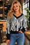 Women's V-Neck Long Sleeve Flame Patterned Color Garnished Special Design Stylish Elegant Gray Knitwear Sweater - 5
