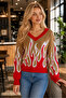 Women's V-Neck Long Sleeve Flame Patterned Color Garnished Special Design Stylish Elegant Camel Knitwear Sweater - 5