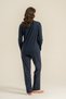 Women's Navy Blue Long Sleeve Combed Cotton Pajama Set, Crew Neck, Pocket Detail, 50% Cotton 50% Modal Fabric - 5