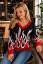Women's V-Neck Long Sleeve Flame Patterned Color Garnished Special Design Stylish Elegant Black Knitwear Sweater - 7