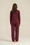 Women's Dark Plum Uzunkol Combed Cotton Pajama Set, Buttoned Collar, Pocket Detail, 50% Cotton 50% Modal Fabric - 3