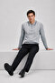 Men's Striped Zippered Polo Collar Gray Knit Sweater - 6