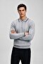 Men's Striped Zippered Polo Collar Gray Knit Sweater - 4