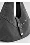 Black Suede Women's Large Size Hobo Shoulder Bag with Metal Stud Detail and Lock Accessory - 3