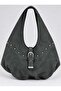 Black Suede Women's Large Size Hobo Shoulder Bag with Metal Stud Detail and Lock Accessory