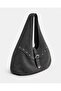 Black Suede Women's Large Size Hobo Shoulder Bag with Metal Stud Detail and Lock Accessory - 2