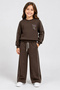 Girl's Brown Floral Embroidered Shoulder-Piped Sweatshirt and Palazzo Sweatpants Set