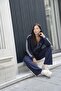 Women's Navy Blue Seasonal Front Zipper Hooded Striped Logo Detailed Tracksuit Set - 2