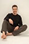 Men's Black 100% Cotton Long Sleeve Pajama Set, Crew Neck, Pocket Detail - 3
