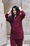 Women's Burgundy Seasonal Front Zipper Hooded Sweatshirt Set with Stone Detail and Accessories - 3