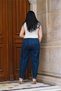 Women's Navy Blue Winter Special Design Belted Denim Trousers with Stone Leg Detail - 6