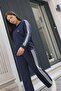Women's Navy Blue Seasonal Front Zipper Hooded Striped Logo Detailed Tracksuit Set