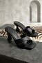 Zri̇n-5016 Premium Exclusive Black Patent Leather Double Strap Square Heeled Slippers 9 cm