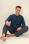 Men's dark indigo 100% cotton pajama set, buttoned crew neck, pocket detailed