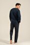 Men's Navy Blue 100% Cotton Pajama Set, Crew Neck, Pocket Detail - 4