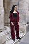 Women's Burgundy Seasonal Front Zipper Hooded Sweatshirt Set with Stone Detail and Accessories - 2