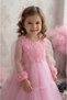 3D Rose Pattern Long Tulle Sleeves Girls Dress with Ruffles at Hem - 5