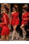 Red Lace One-Shoulder Long-Sleeve Slim-Fit Dress with Flared Skirt - 2