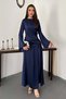 Navy blue side-tie satin dress