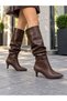 Women's Ti̇ma Brown Crocodile 6 cm Heeled Bellows Pointed Toe Nailed Heel Boots - 2