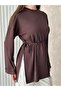 Crew Neck Side Slit Lace-Up Tunic Brown - 4