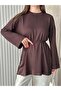 Crew Neck Side Slit Lace-Up Tunic Brown - 5