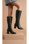 Women's Heeled Leather Look Zippered Long Boots - 4
