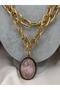 Gold Thick Chain Necklace – Pink Oval Stone Detailed Multi-Row Glamorous Statement Women's Necklace Jewelry - 2